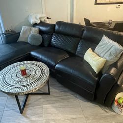Black REAL Leather Couch - Sectional With Recliner 