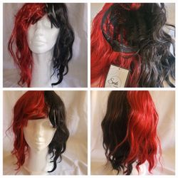 Red and Black Split Color Wavy Wig