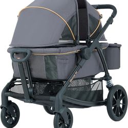 All-Terrain Wagon Stroller for Two Kids, Double Stroller with Push or Pull Handle, Canopy, Storage Basket, Dinner Plate, Oversized Damping Wheels, Mos