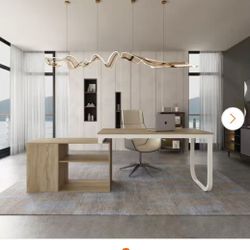 55.1 in. L-Shaped Oak and White Wood Writing Desk Corner Gaming Desk With 2-Tier Shelves and 3-Drawers Home Office Use$ 100