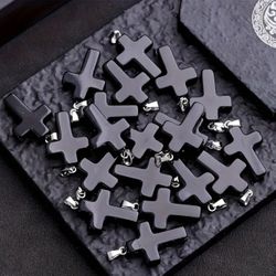 12pcs of Crystal Obsidian Cross Pendants - Stylish Gemstone Quartz Cross Charms,