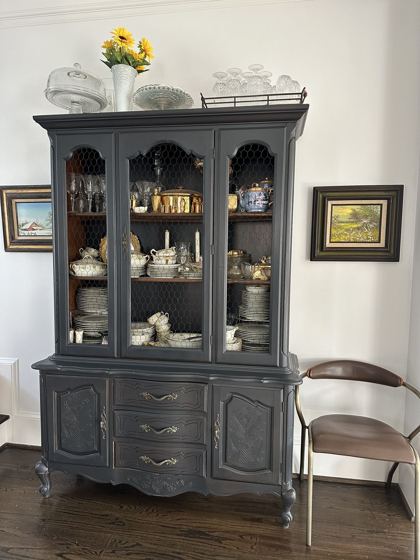 China cabinet- professionally refinished French provincial cabinet -solid wood  75 inches high  52 wide 18 deep 