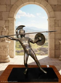 Vintage Leonidas KING OF SPARTA BRONZE SCULPTURE SPEAR SHIELD on Black Base 11"