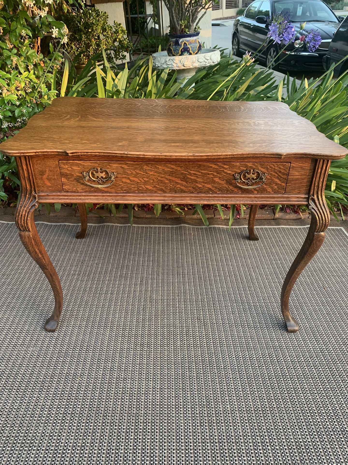 Antique Tiger Oak Writing Desk Table with One Drawer