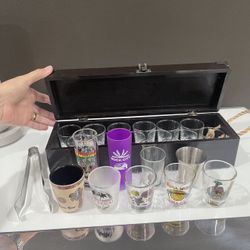 New 21 Pcs Shot Glasses With Wood Case And Stainless Steel Ice Tongs