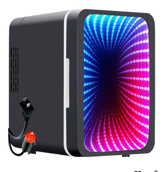 Mini Fridge, 6 Cans Small Refrigerator with Dimmable LED Light & Mirror Door, Portable Thermoelectric Cooler/Warmer for Bedroom, Office, Car and Gamin