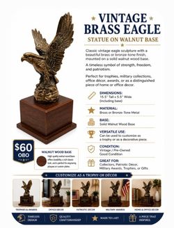 🦅 Vintage Brass Eagle Statue Walnut Base