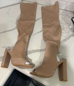Nude Over-the-Knee Peep Toe Block Heel Boots