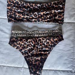 Bikini Cheetah Size Small Tube Too With Lace Stretch Both Top & Bottoms 