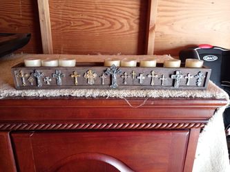 Wooden candlestick with metal crosses, collectible