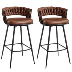 BV Bar Height Bar Stools Set of 2, 30 inch Seat Height Bar Stools, 180° Swivel Barstools with Woven Back and Footrest, Suede Fabric Counter Stools for