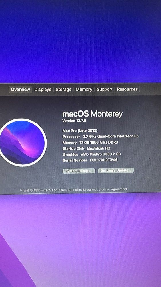 MacPro 2013 (Trashcan) 3.7GHz 12GB RAM, 250GB SSD