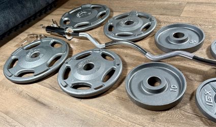 Olympic Beautiful Hampton Set & Brand NEW Curl Bar W/ Cooper Bearings: Pairs Of 35s, 25s, 10s, 5s and 2.5s ( Total: 175 lbs)