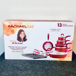 New Rachael Ray Create Delicious 13Pc Enameled Aluminum Nonstick Cookware Set, Red