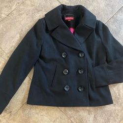 Merona Wool Blend Pea Coat Black Pink Lined Women’s Size M Medium