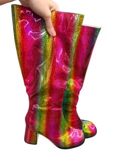 DISCO Rainbow Glitter Knee-High 3” chunky  Block Heel Boots - Multicolor Sz 9   Make a bold statement with these brand new Ellie multicolor rainbow gl