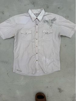 White button-up shirt with a unique design size Large see measurements