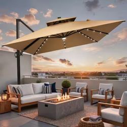 Double Top 11 ft. x 9 ft. Rectangular 360° Rotation Solar LED Lighted Cantilever Patio Umbrella in Tan