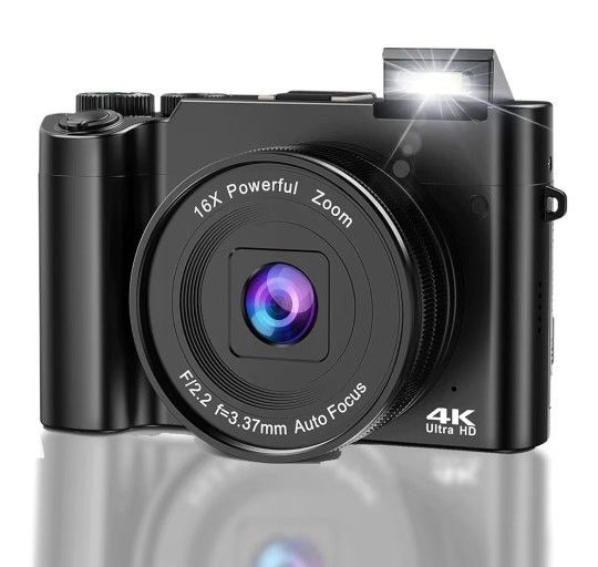 4K Digital Camera for Photography, 64MP Dual Lens Autofocus Compact Camera for Vlogging with 16X Zoom, Flash, Anti-Shake, 32GB SD Card & 2 Batteries,
