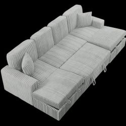 ✅️✅️3 pc Ash grey corduroy fabric sectional sofa with double storage chaise and pop up sleep area in center✅️