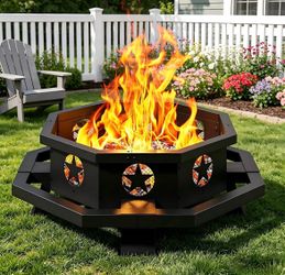 43 inch Large Fire Pit, Outdoor Fire Pit with Heavy Duty Construction, Wood Burning Fire Pits for Outside Octagonal Firepit for Camping, Backyard, Pat