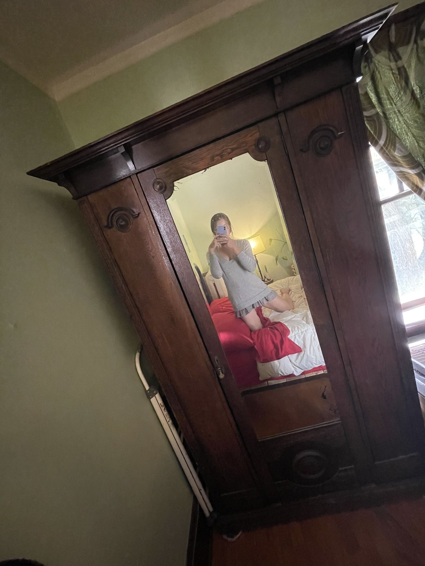 Antique Solid Wood Armoire With Mirror