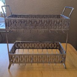 Antique Silver Color Two Tier Metal Filigree Tray for Make-Up, Plants, Small Items, etc.