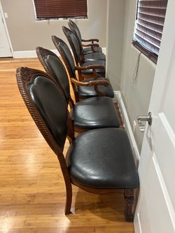 Set of 6 Carved Wood and Leather Dining Chairs