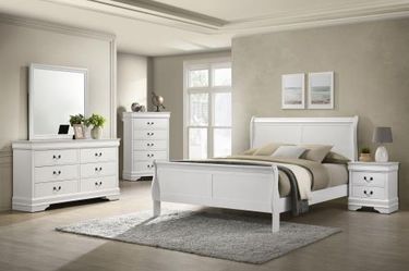Four piece, queen bedroom set with Queen Bed Frame, dresser, mirror, and Nightstand