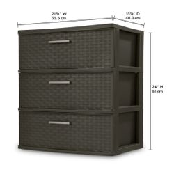 Sterilite 3 Drawer Wide Weave Tower, Plastic Décor Drawers with Pull Handles, Brown
