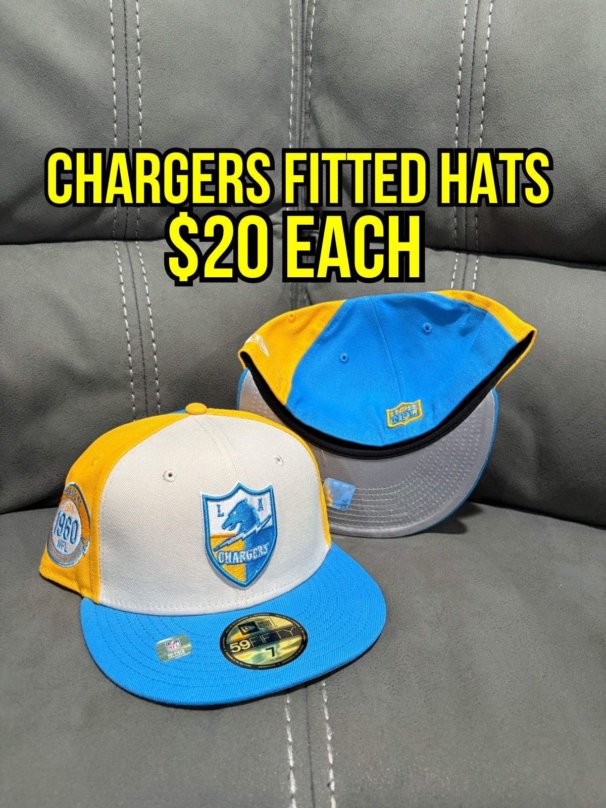 MLB New Era Los Angeles Chargers Powder Blue Yellow 1960 Patch  59fifty Fitted Hats Size 7, 7 1/8, 7 1/4 And 7 3/8