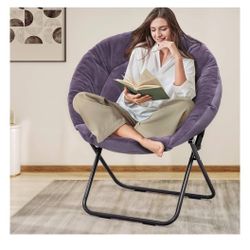 MoNiBloom Round Folding Saucer Chair for Adults, Oversized Large Comfy Soft Lounge Lazy Cozy Moon Chair for Bedroom Living Room Dorm, Black Metal Fram