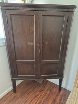 Vintage Wood Corner Armoire / Storage Cabinet – Hand-Painted Detail