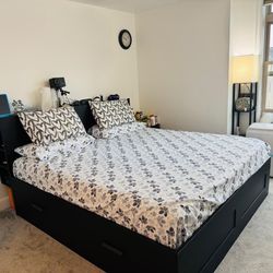 Ikea Brimnes king bed frame with storage and headboard; mattress