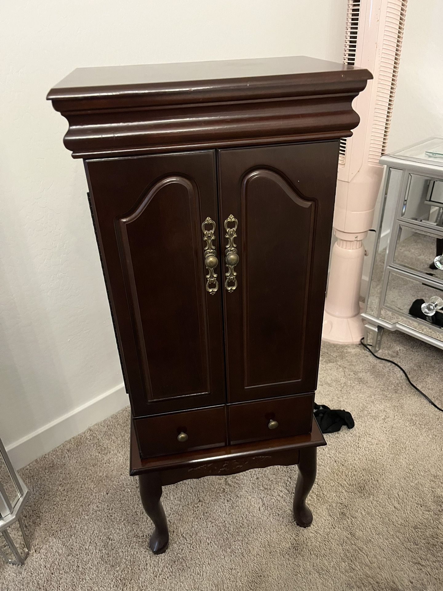  Vintage Queen Anne Cherry Wood Jewelry Armoire
