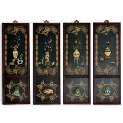 Set of 4 Large Chinese Lacquer Wall Panels Gold Dragon Relief Chinoiserie Art