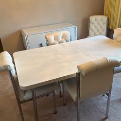 White Dining Room Table With 6 Chairs, 2 11” Centers, And Buffet MCM
