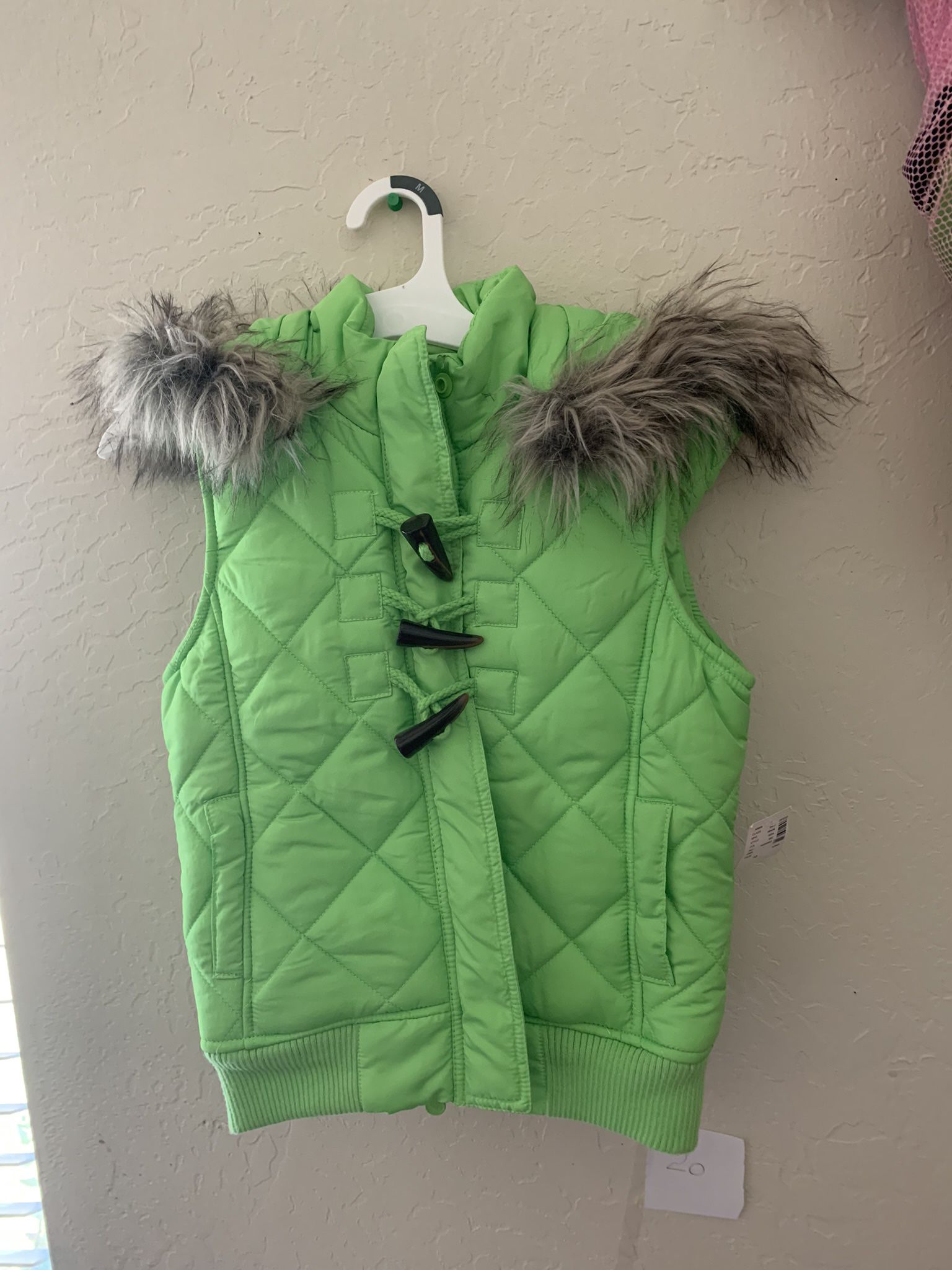 Justice Puffer Vest, Lime Green Furry Hood Size Girls 10