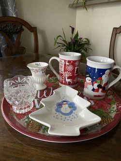 Christmas Cups, Tray, Plate, Candle Holders.