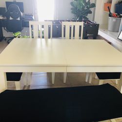 White Table, Chairs And Bench W Leaf Extension 
