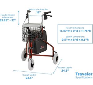 Photo NOVA Traveler 3 Wheel Rollator Walker 8”wheels, Includes Bag,basket&tray, Red