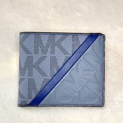 Michael Kors Cooper Billfold Wallet Logo Canvas Leather Chambray Blue Stripe