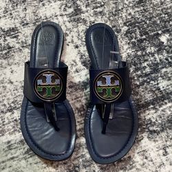 Tory Burch Benton Band Flat Sandals Calf Leather Royal Navy Size 9.5M