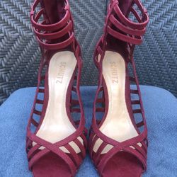 Schutz Saule Red Wine Caged Suede Open Toe Heels Size 6.5B
