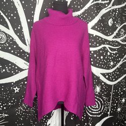 Cyrus Knits Poncho Style Turtleneck Sweater Fuchsia XS High Low Ribbed Womens
