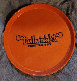 Vintage Bullwinkle's Family Food 'N Fun serving tray,  round, orange