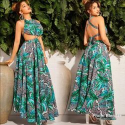 Tropical Palm Leaf Snakeskin Print Halter Cutout Backless Flowy Maxi Dress Small