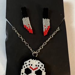 Hand Beaded Jason Pendant And Knife Earrings 