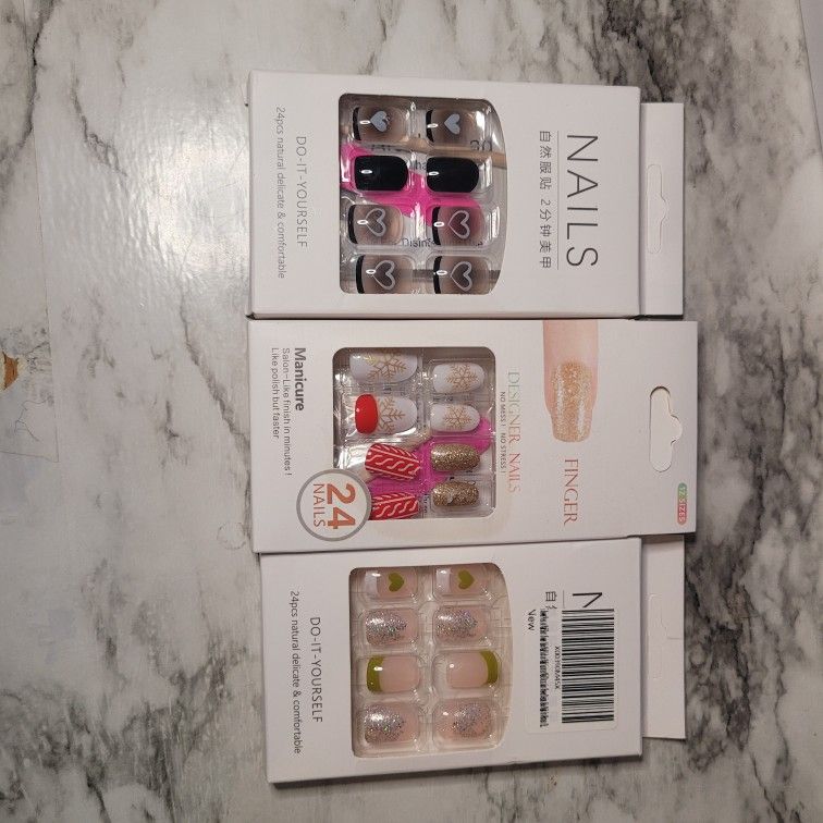 3 Pack Short Square Heart French Tip Press on Assorted Nails Set Black Olive