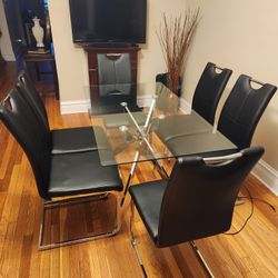 Tempered Glass Table with 6 Black Leather Chairs
